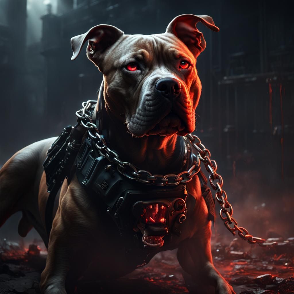 Menacing Pitbull Terrier with Glowing Eyes, Matte Painting