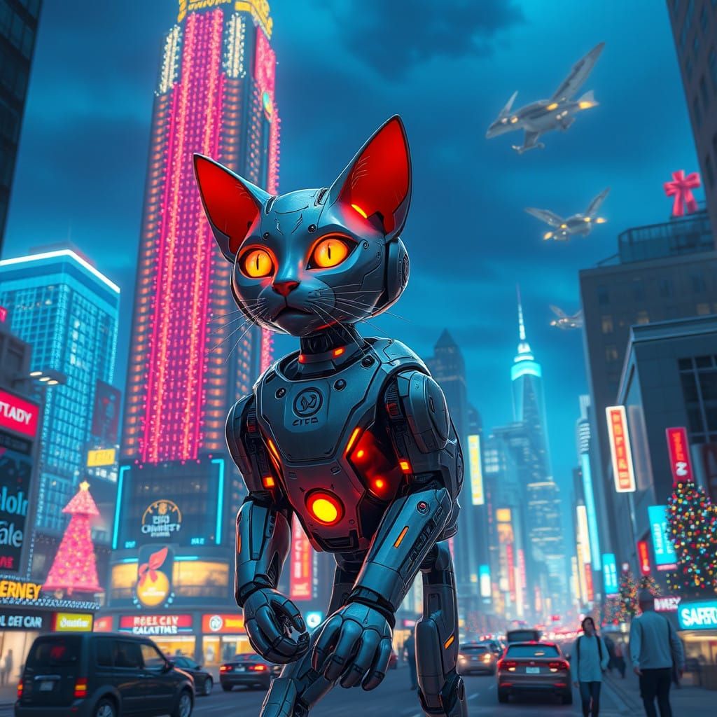 Futuristic Robotic Cat Neon Explores Cyberpunk City