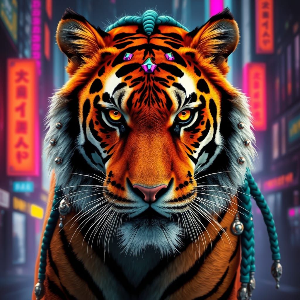 A captivating artwork merging realism and surrealism, featuring a regal tiger with striking details. The tiger's face is...