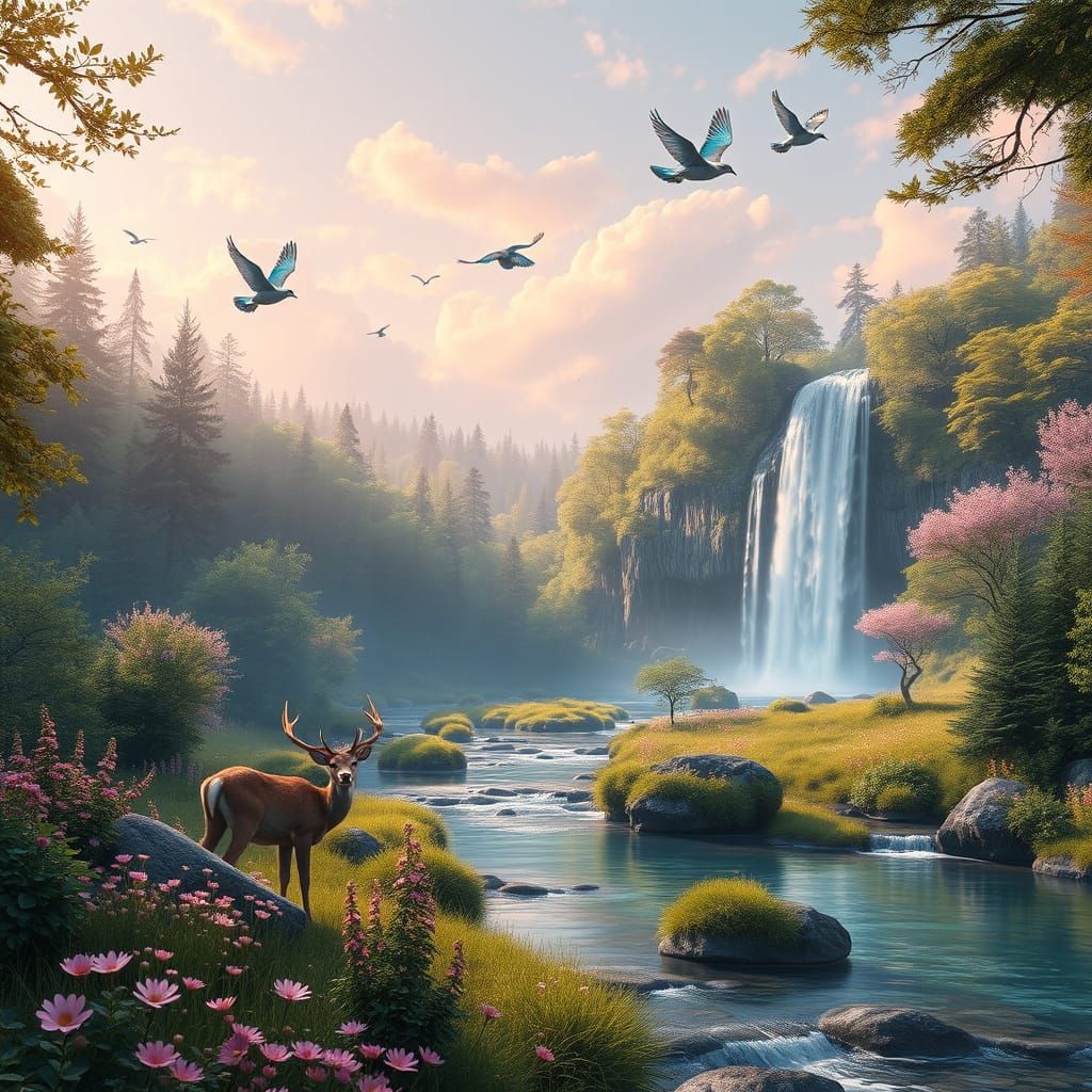 A serene forest scene features a cascading waterfall surroun...