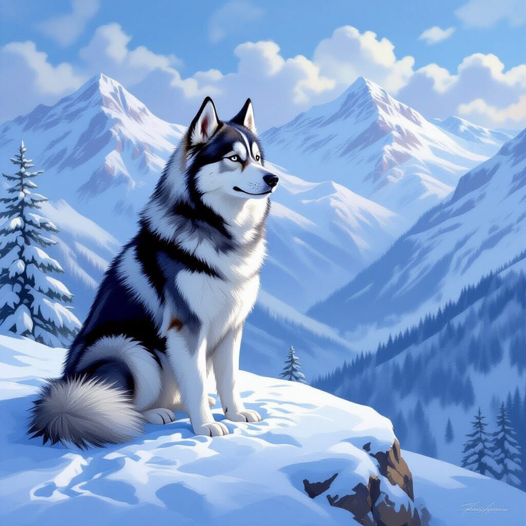 Husky Sits on Snowy Hill in Fantasy Landscape