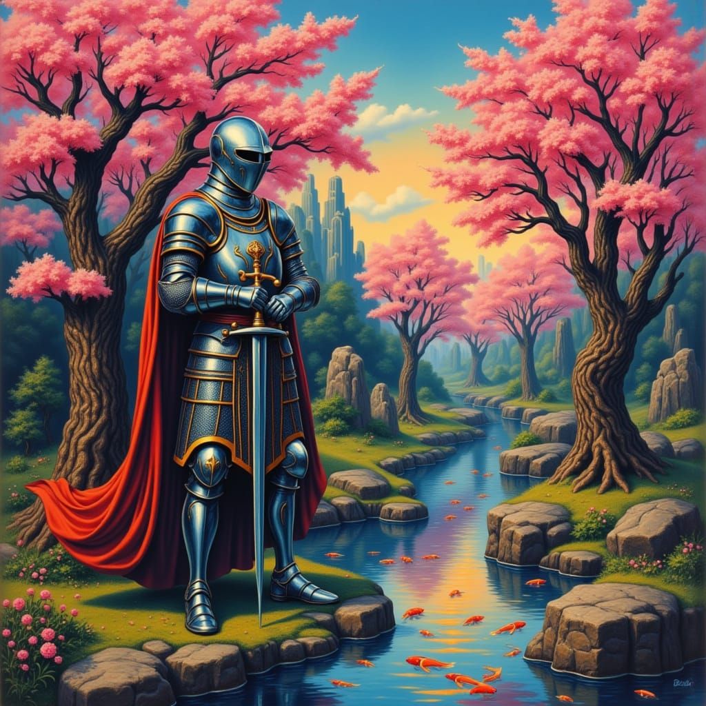 Knight in Cherry Blossoms Over Koi Ponds