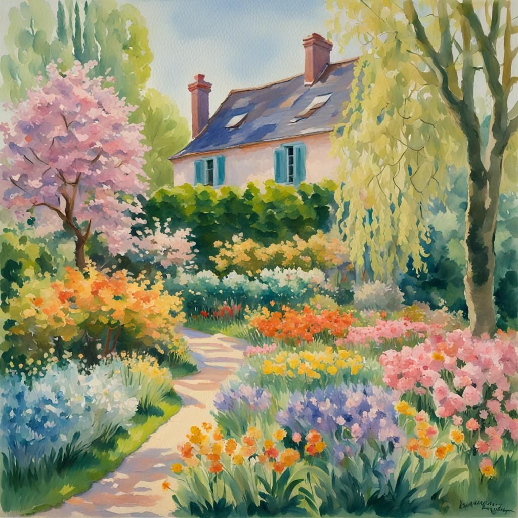 Giverny Spring Garden in Gouache Watercolor Style