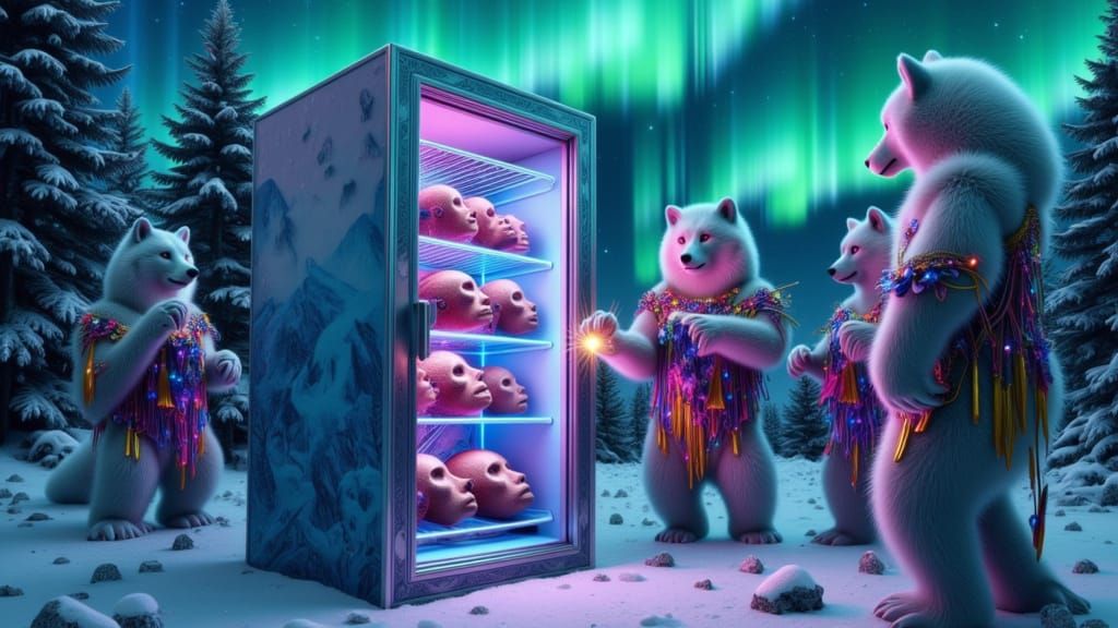 Shapeshifters Gather Under Northern Lights, in Surrealist St...