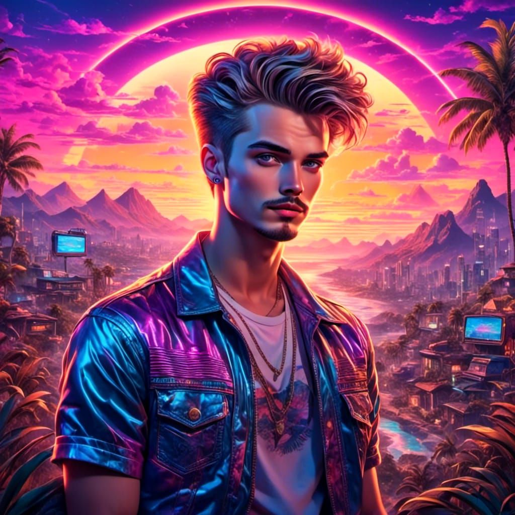 Synthwave Portrait of Man in Retro Dress