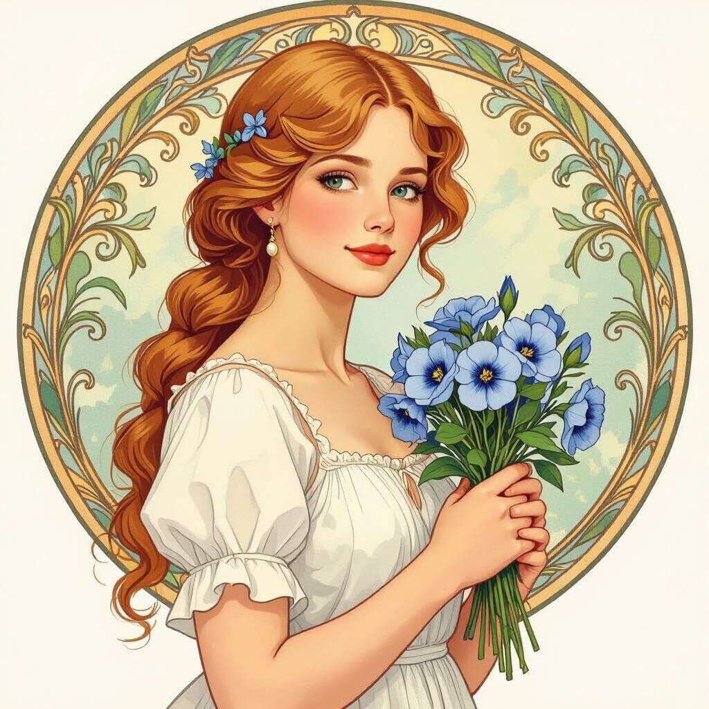 Watercolor Portrait of Peasant Girl with Peonies