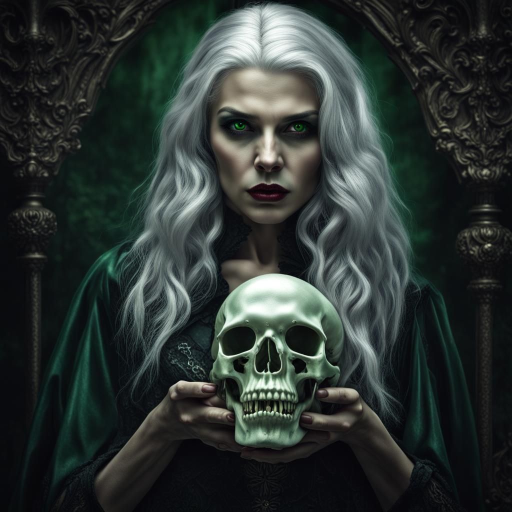 Silver-Haired Vampire Holding Skull in Hyperrealistic Style