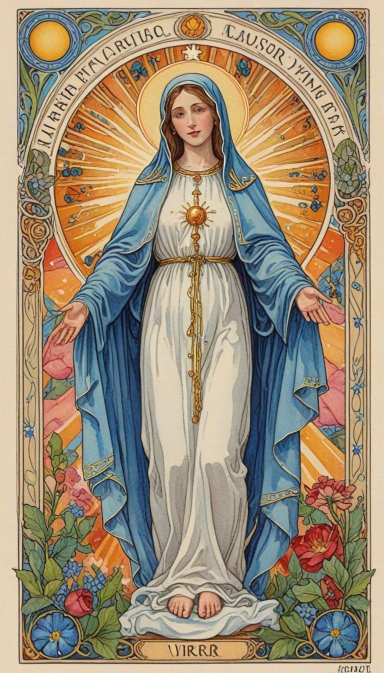 Art Nouveau Virgin Mary Tarot Card in Vibrant Watercolour
