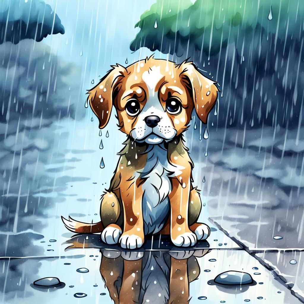 Sad Puppy in Rain: Cartoon Watercolor Sketch