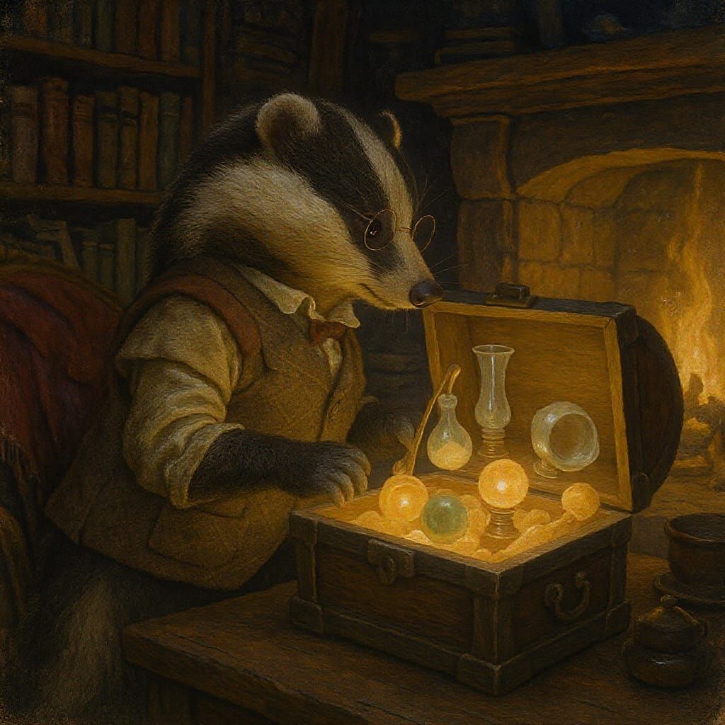 Badger Inspects Artifacts as Children's Book Illustration