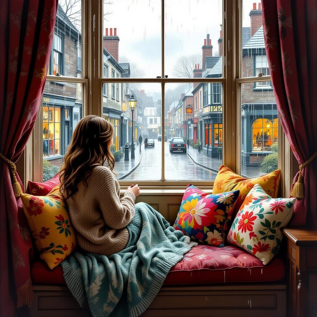 Cozy Woman Overlooking Rainy Street, Painterly Style