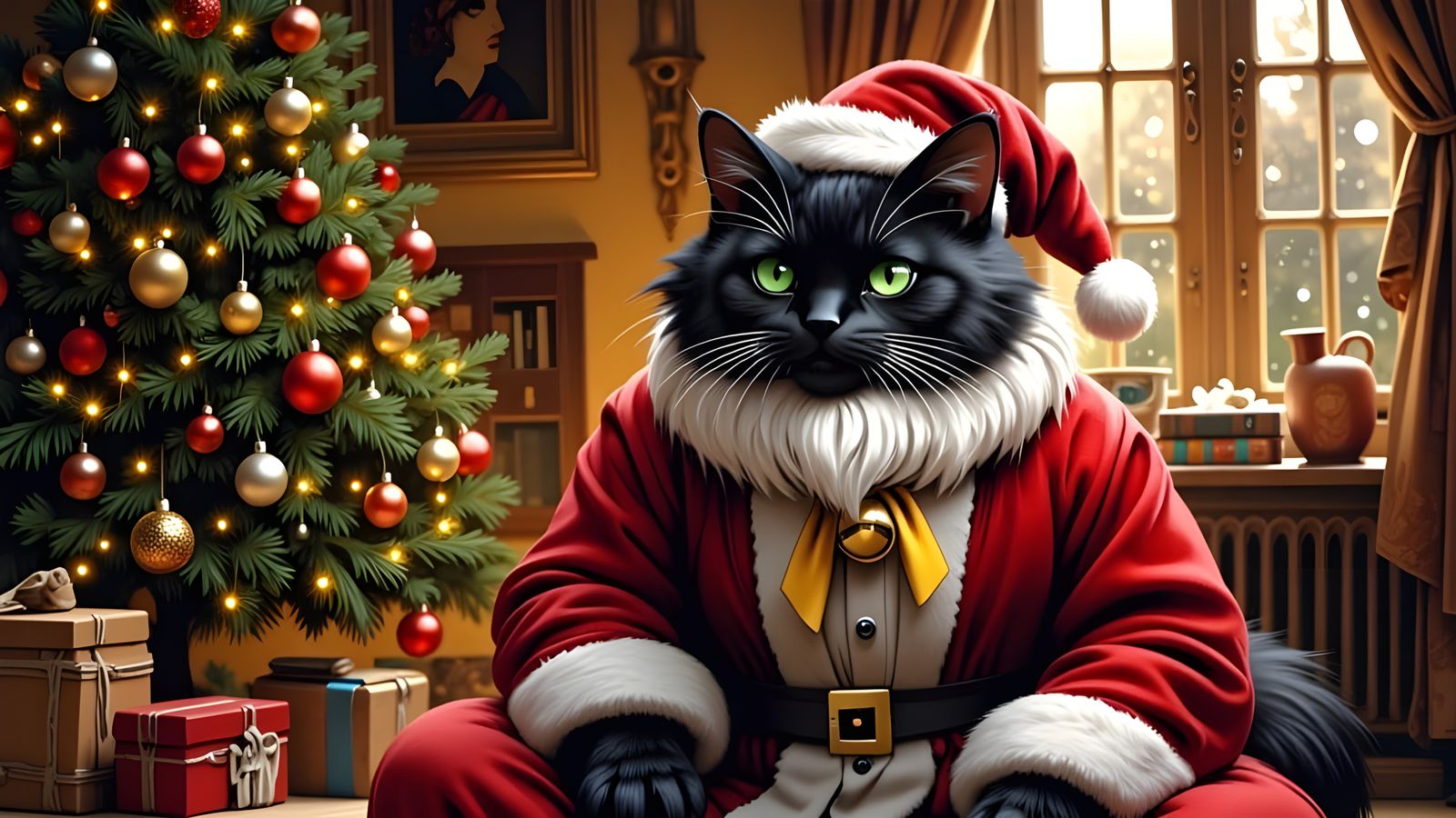 Regal Father Christmas Cat in Festive Winter Wonderland