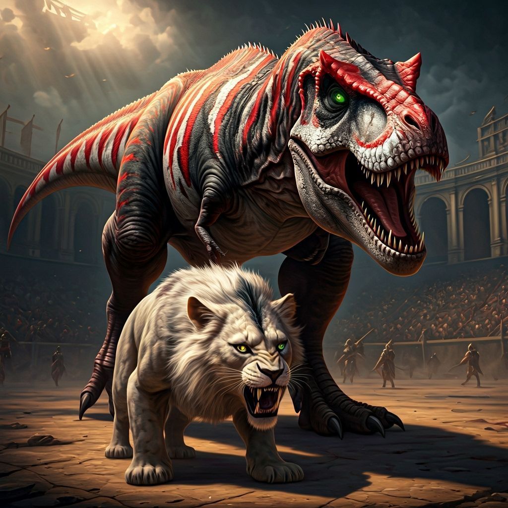 Colossal T-Rex and Lion in Gladiatorial Combat