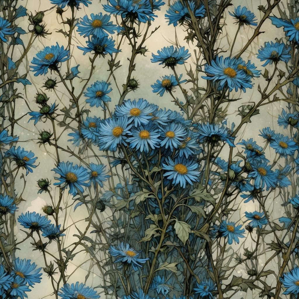 Blue Asters Bending: An Illustration Inspired by Romanticism