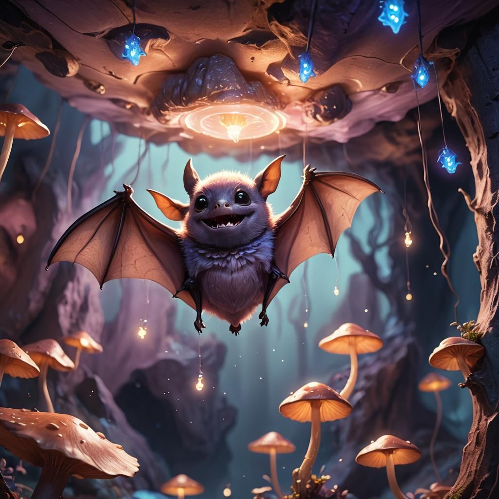 Cute Mauve Bat in Glowing Cave: 3D Illustration