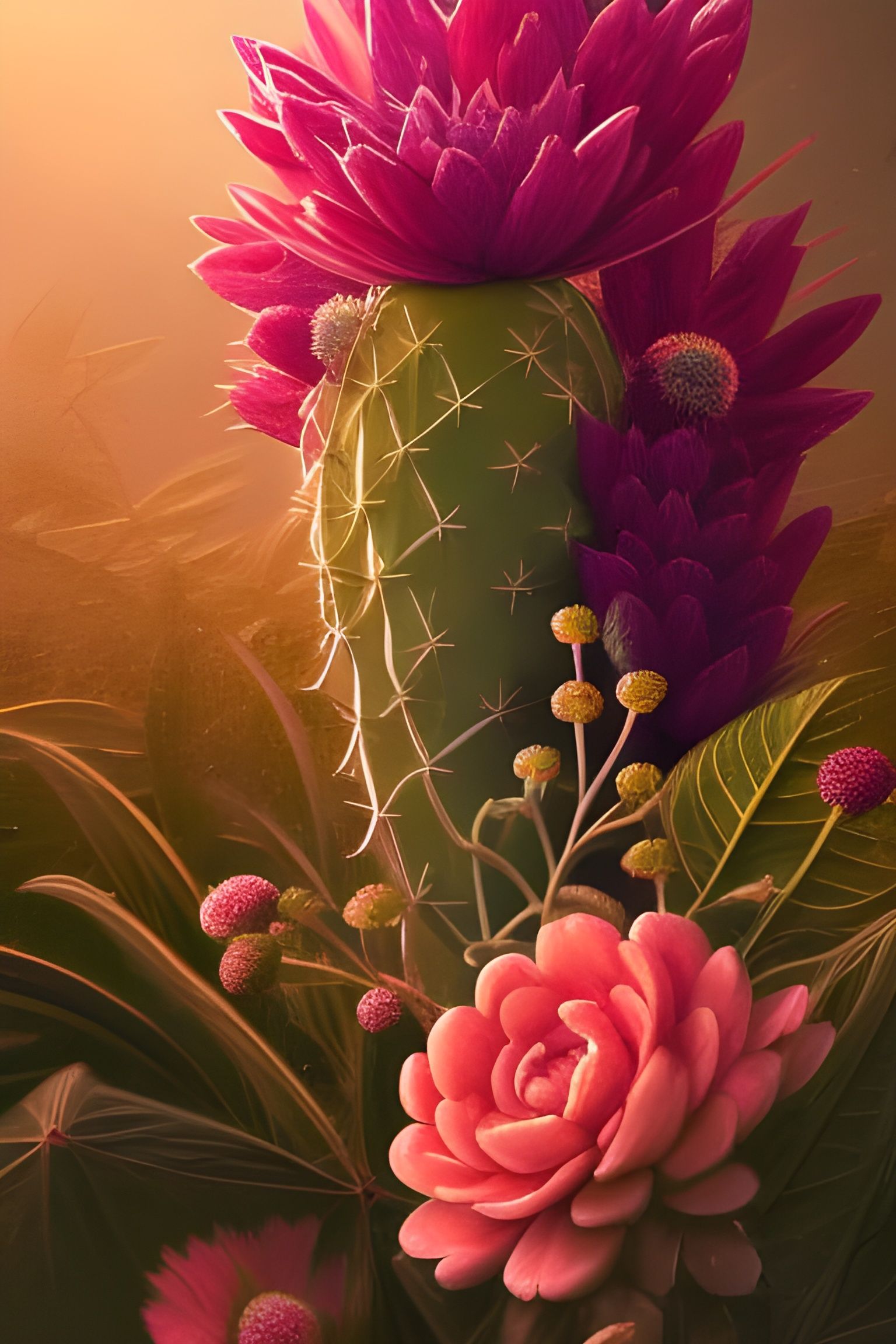 Blooming Cactus Portrait in Mystic Desert Wonderland