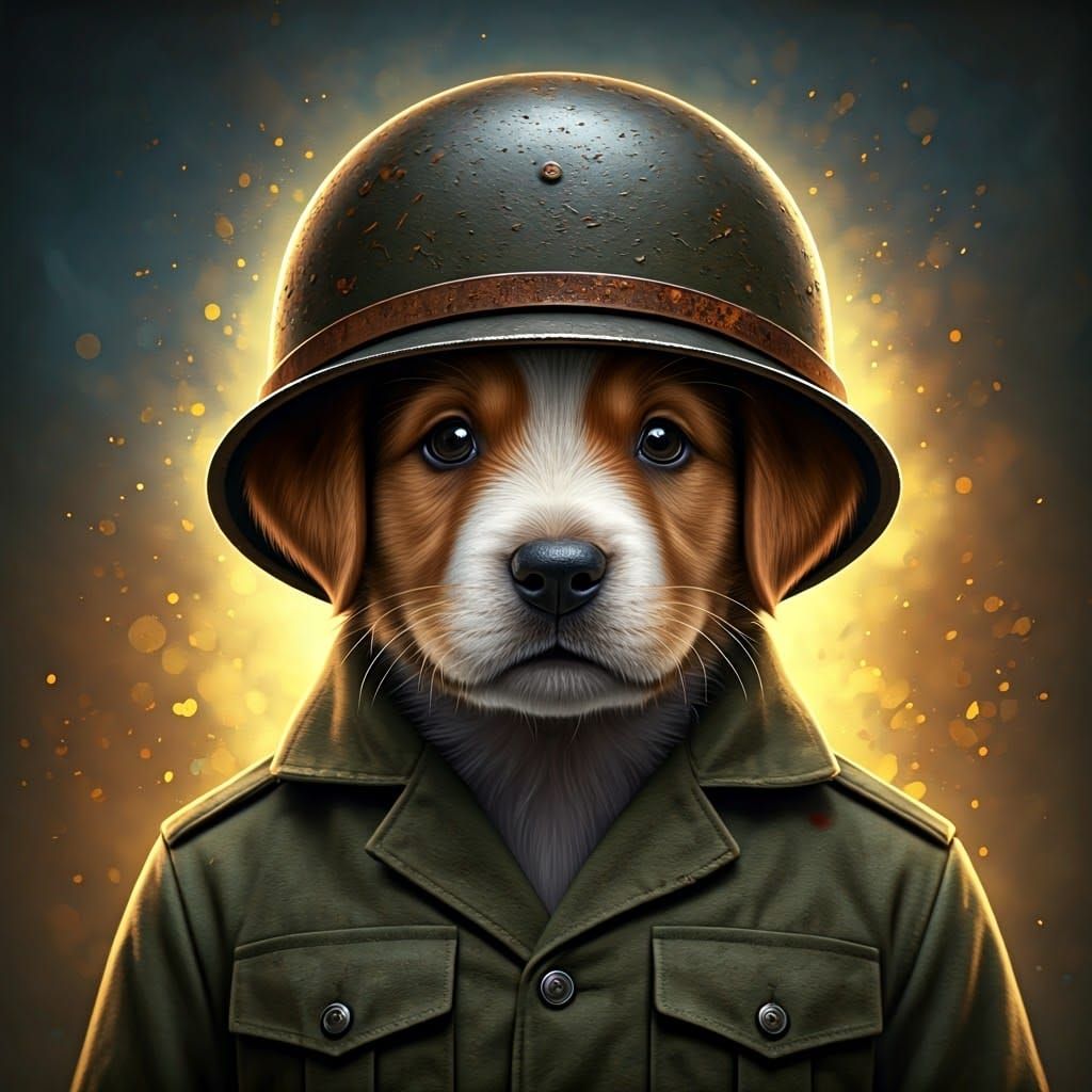 A  puppy with a big old shool  war uniform