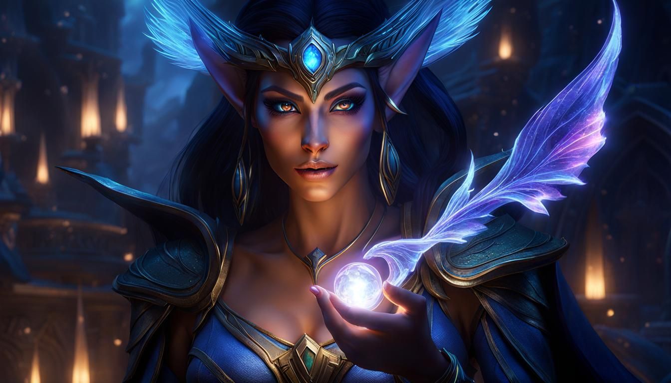 Night Elf holding a sparkling wisp in her hand, sending it off to send a message to a friend.