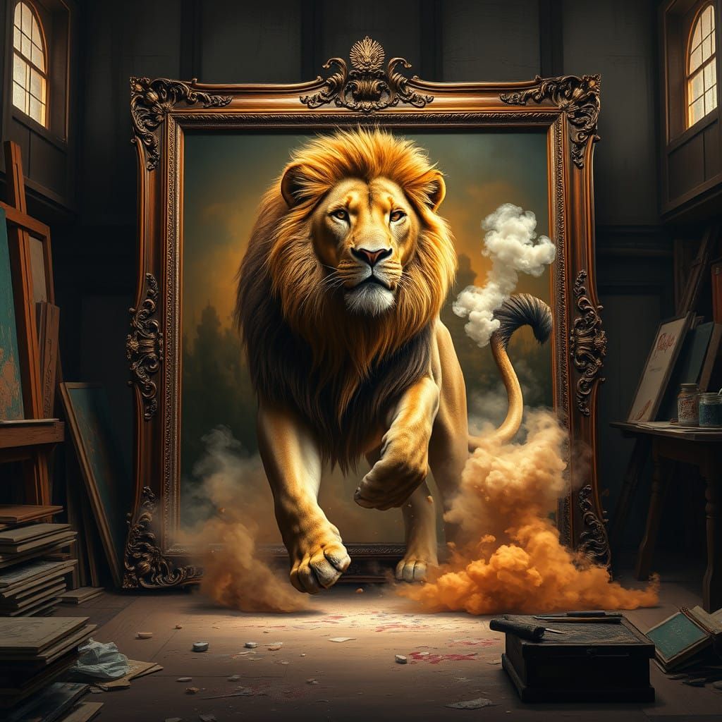 Majestic Lion King Emerges from Ancient Frame