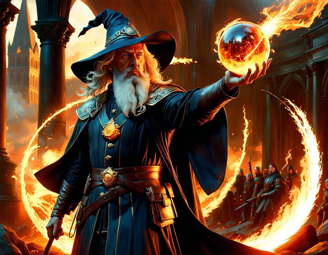 Fantasy Wizard Casting Fireball in Battlefield Scene