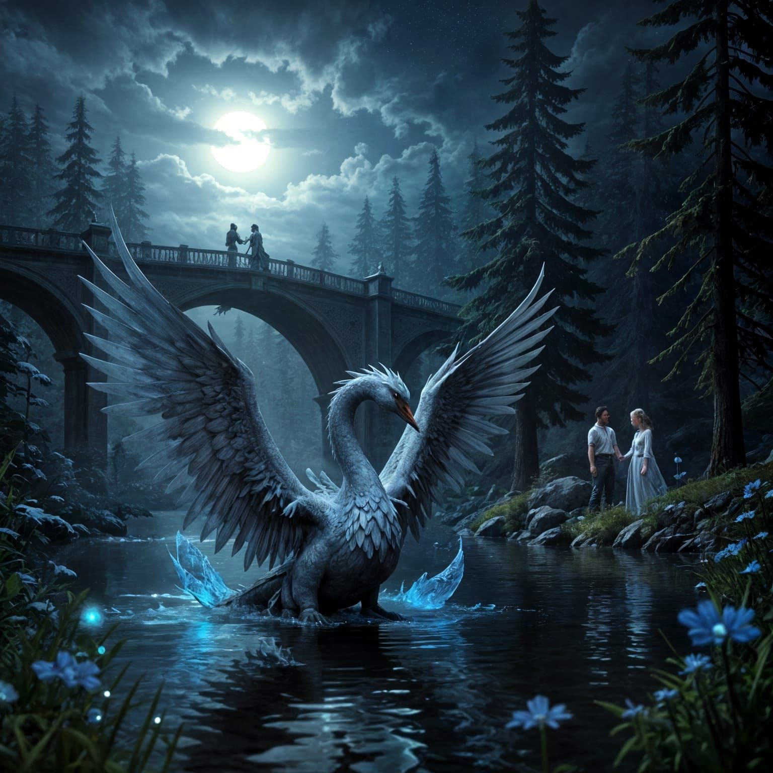 Dragon-Swan Hybrid Under Gothic Bridge in Ethereal Blue Ligh...
