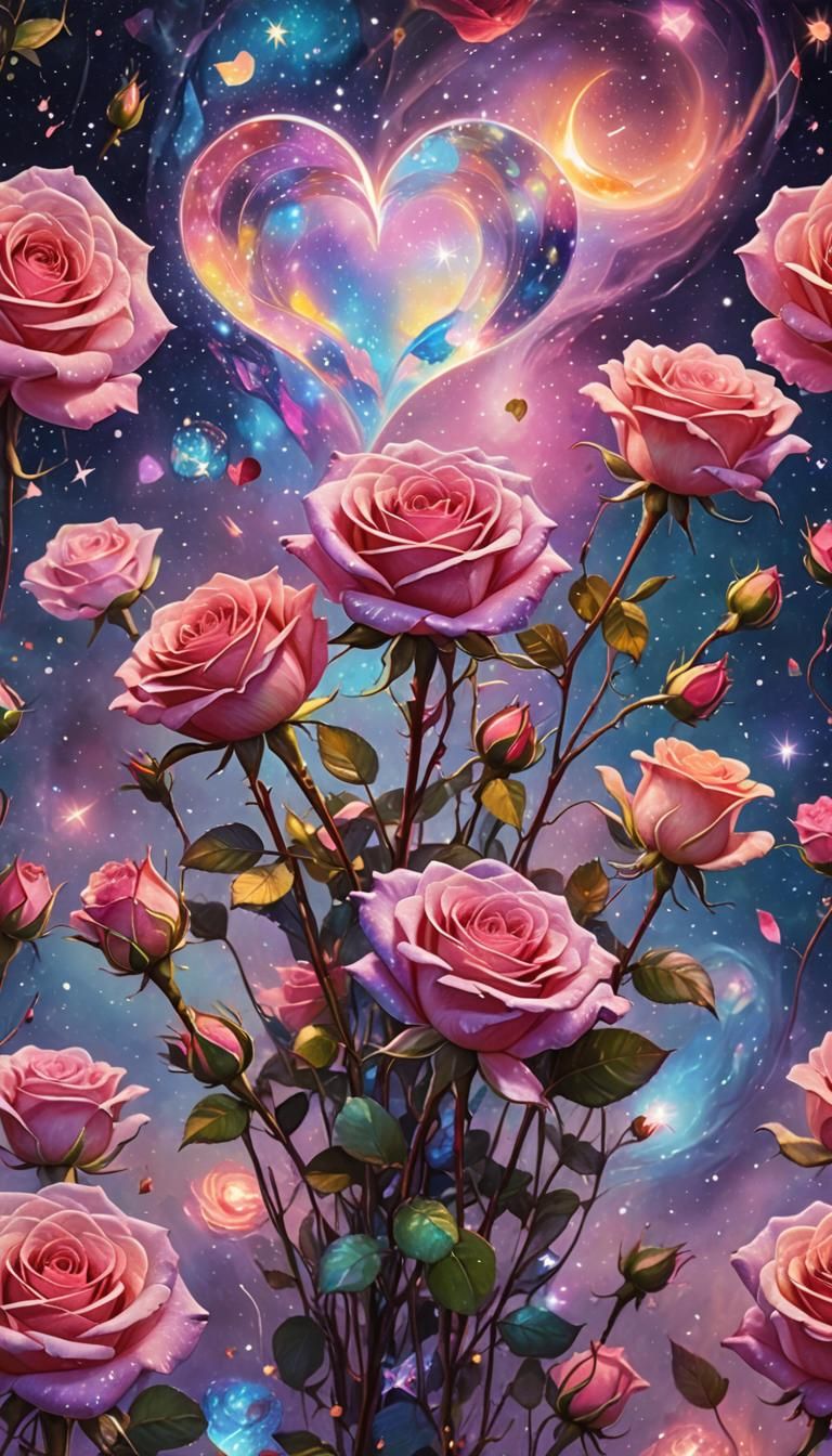Cosmic Heart Roses in Holographic Astral Style