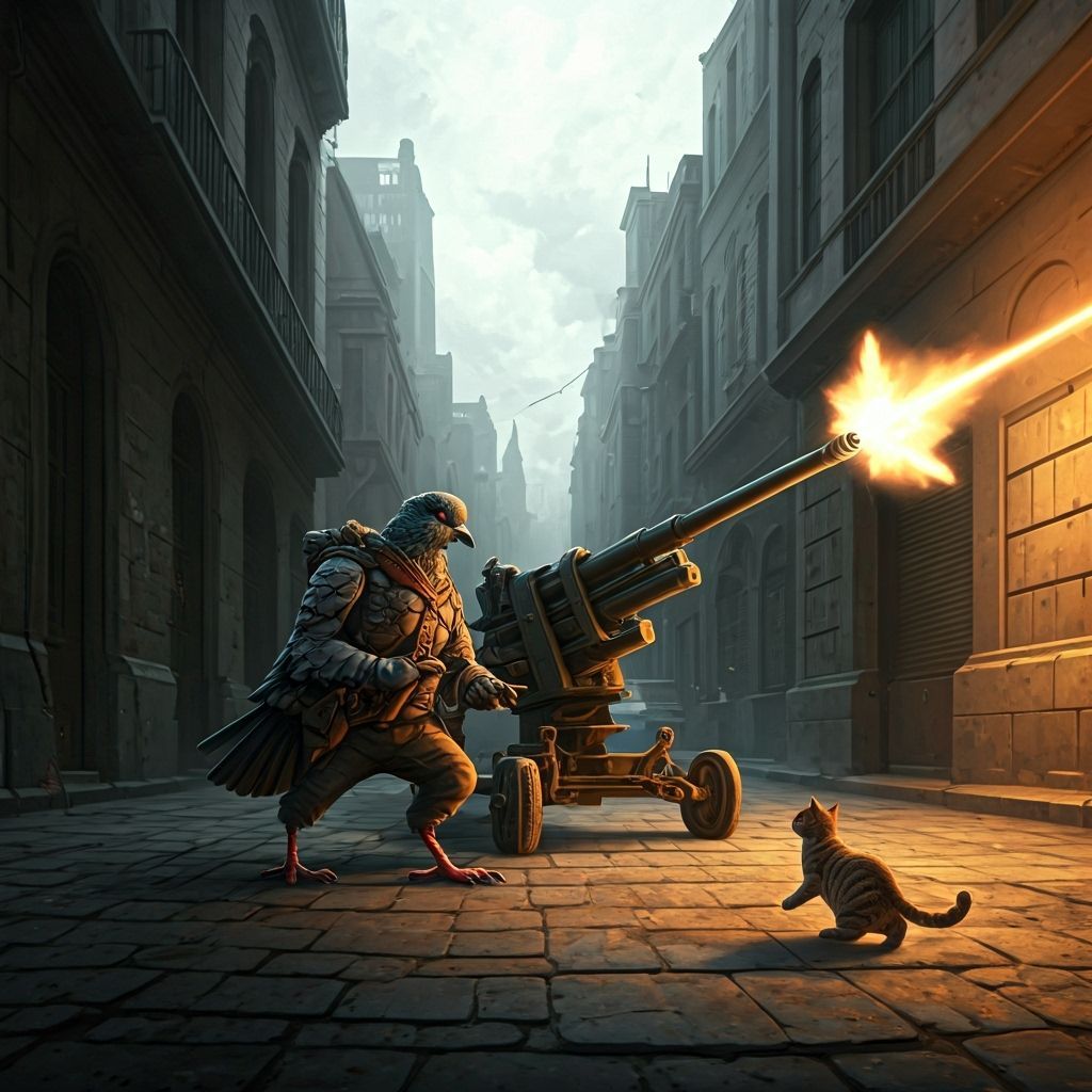 Pigeon Crew Fires Cannon in Dystopian Cityscape
