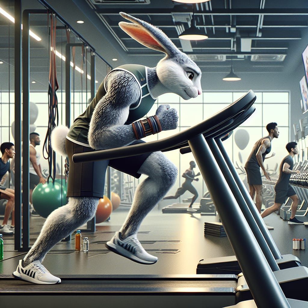 Anthropomorphic Bunny Working Out at the Gym