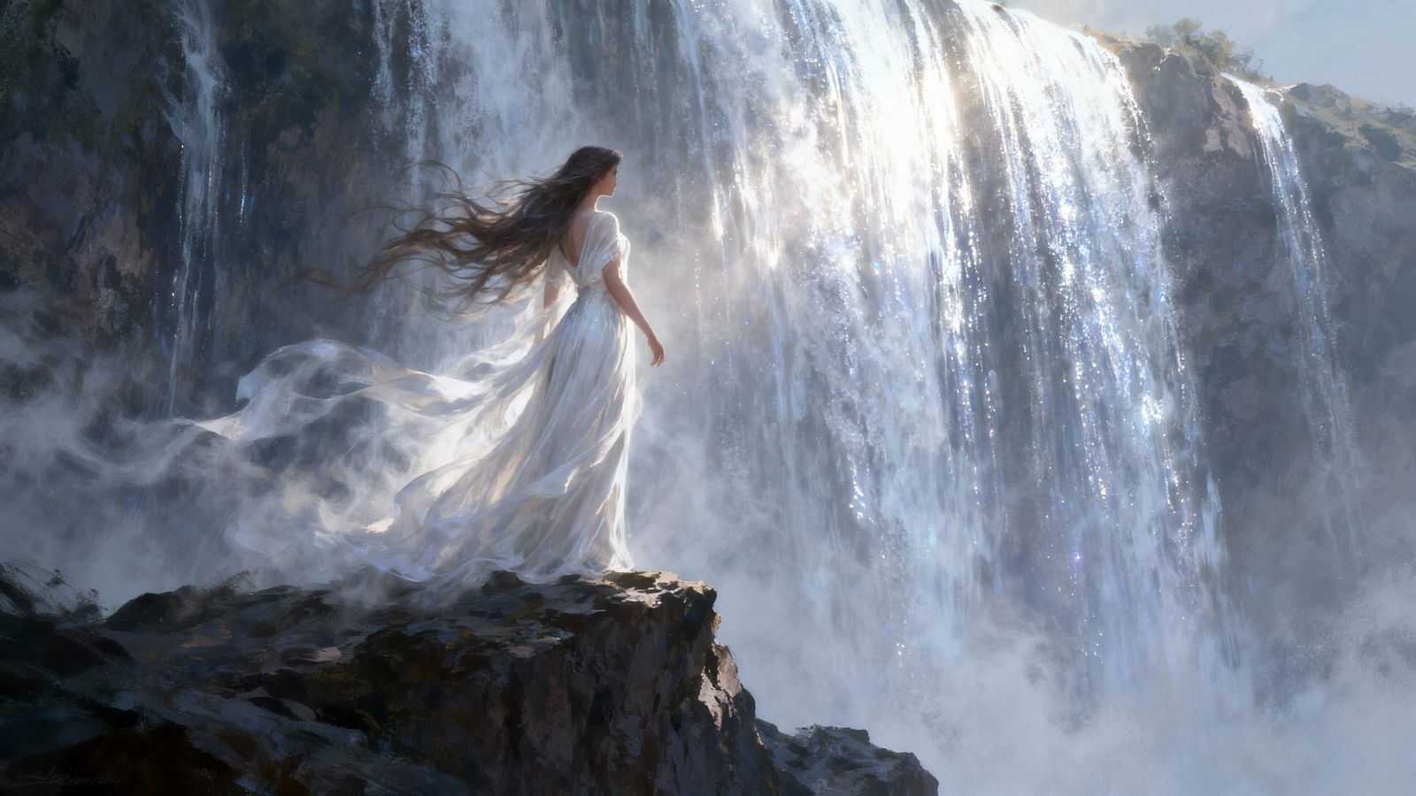 Guardian of the Light Waterfall, Serene Fantasy Art