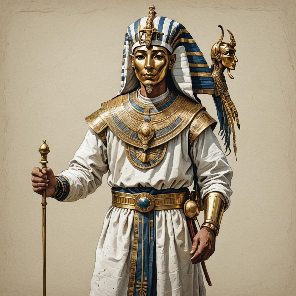 Medieval Peasant Holding Tutankhamun Mask Portrait