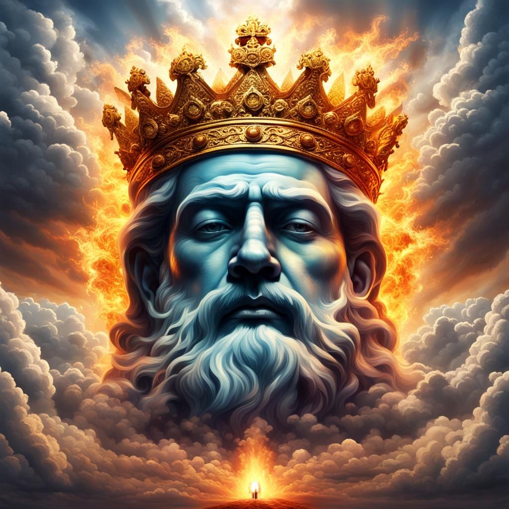 Fiery God-King on Throne Amidst Divine Clouds