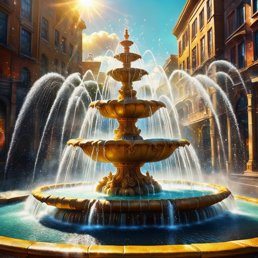 Gigantic Fountain Sprays Water in Surreal Oil Painting