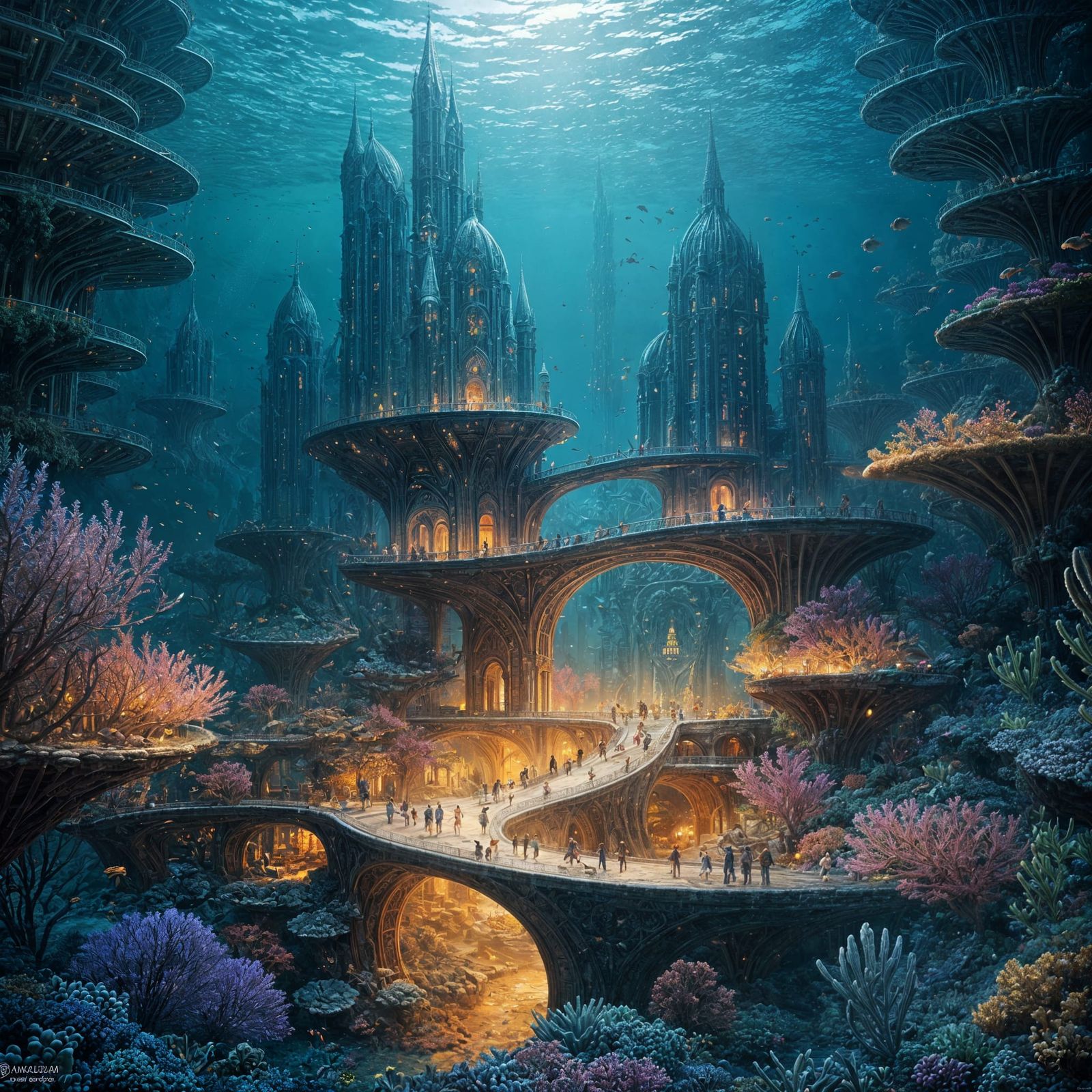 Bustling Underwater City in Bioluminescent Coral Reef