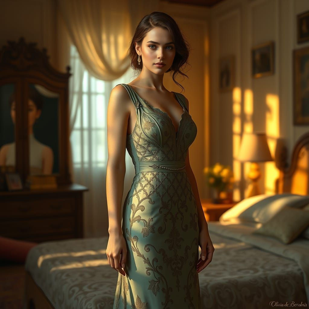Elegant Woman in Sunlit Bedroom with Enchanting Aura