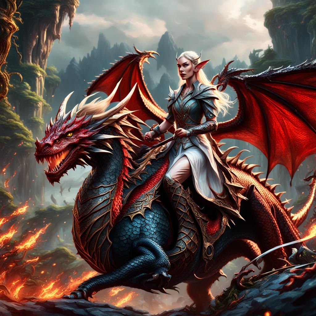 Elven Princess Riding a Dragon: Fantasy Art