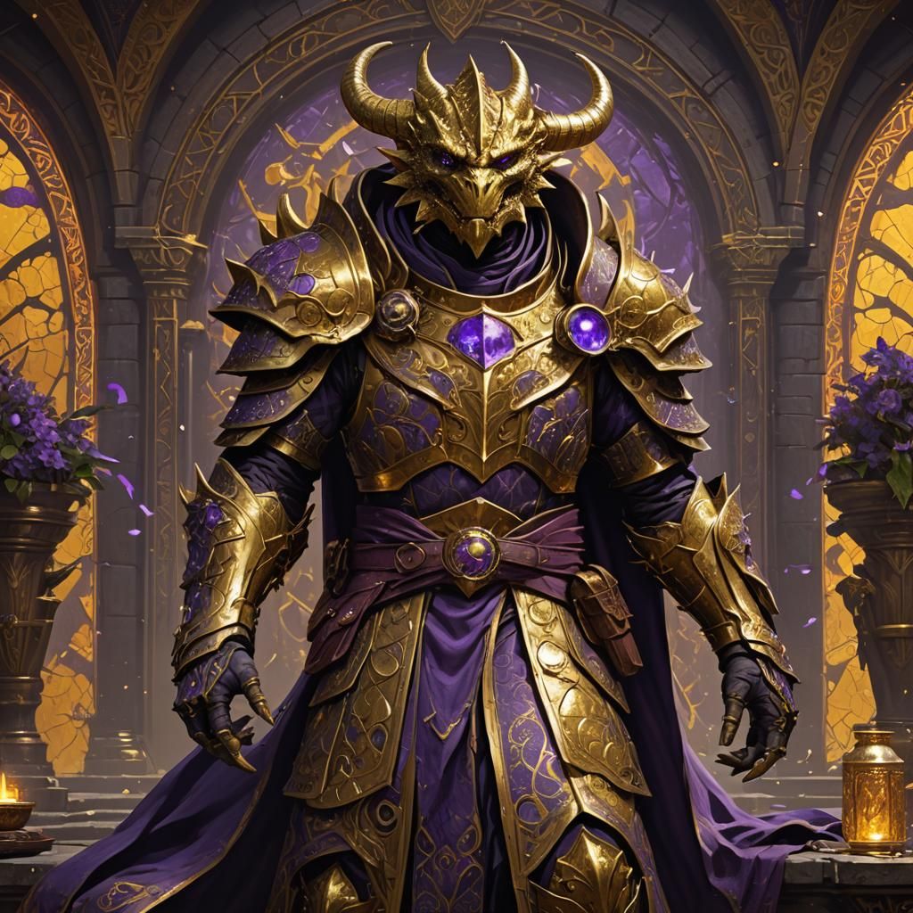 Gold Dragonborn Priest in Dark Fantasy Style