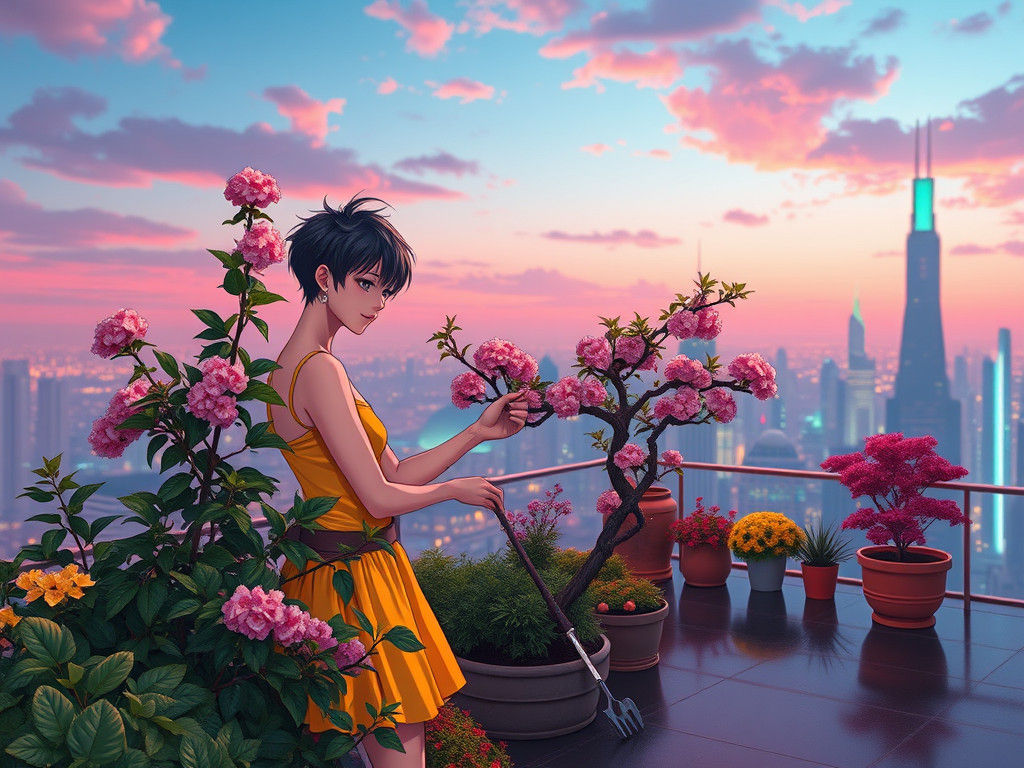 Anime Woman Pruning Cherry Tree on Futuristic Skyscraper