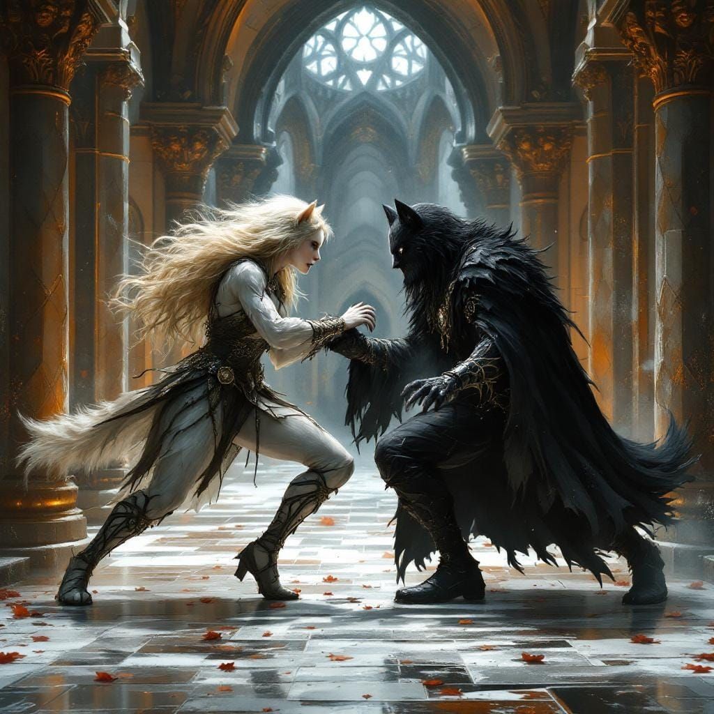 A wolf shifter blond witch facing off against a dark wolf.