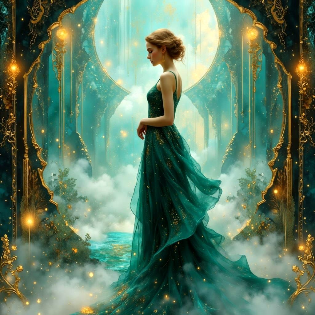 Emerald Hourglass Scene in Iridescent Opalescent Style