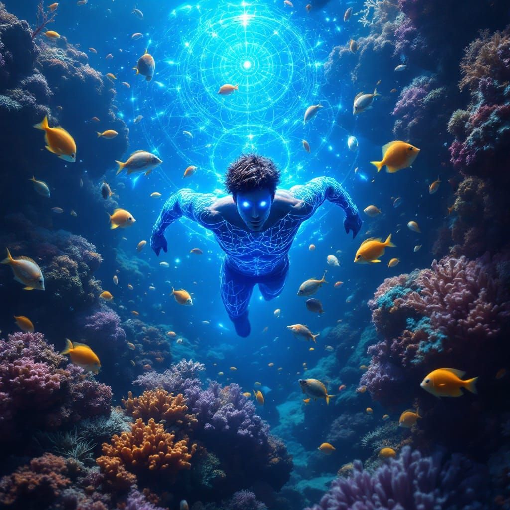 Aquatic Man Swims Through Coral Reef in Digital Art