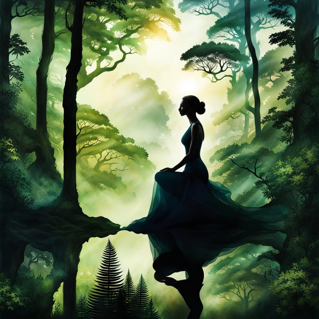 Harmonious Fusion: Woman and Forest in Watercolor Style