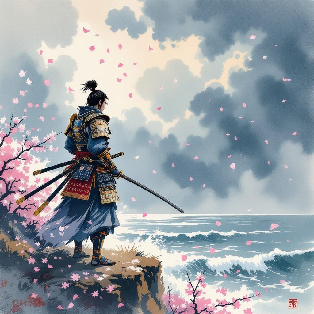 Samurai on Cliff Overlooking Stormy Sea, Ukiyo-e Style
