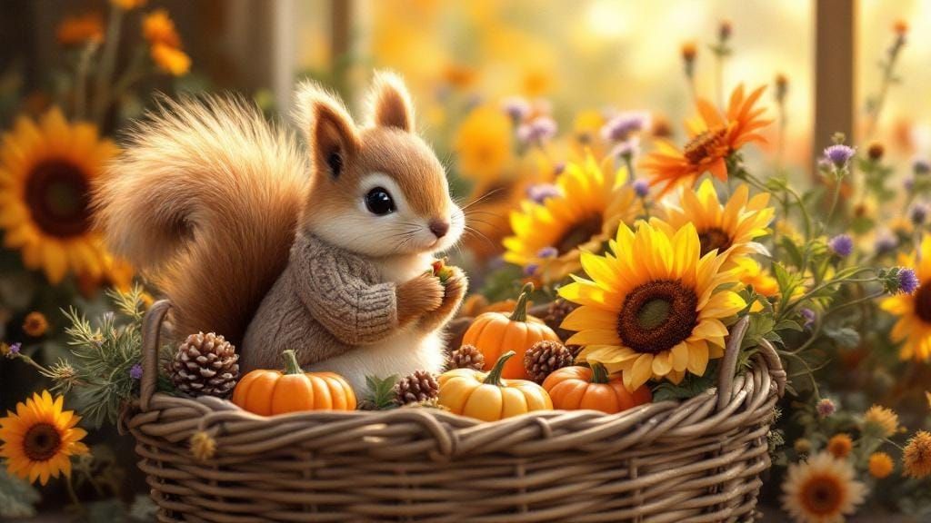 Squirrel in Sweater with Pumpkins, Floral Illustration