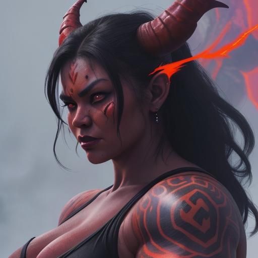 Volcanic Demon Woman with Lava Tattoo: Hyperrealistic Art