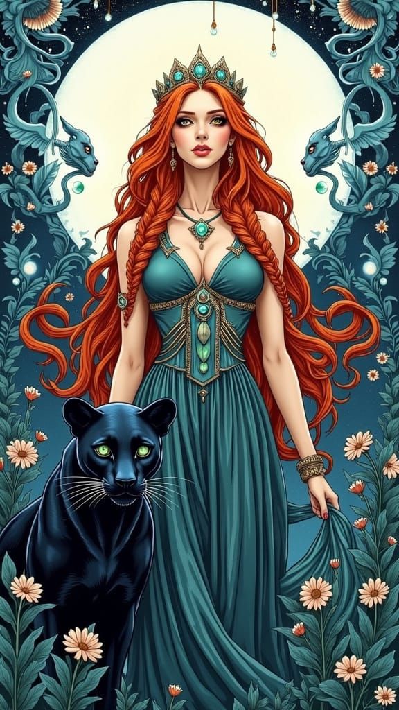 Moonlit Garden: Art Nouveau Woman with Panther