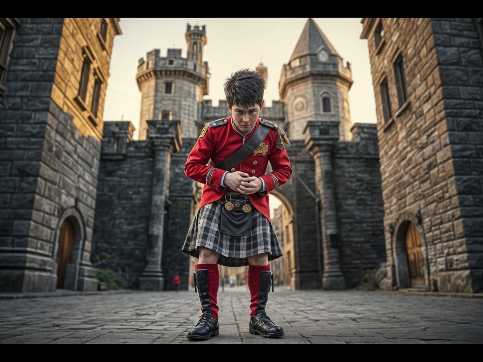 Pixar-Style Scottish Soldier at Castle Gate
