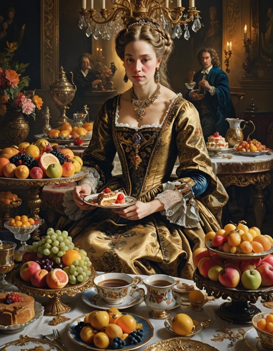 Baroque Woman's Lavish Breakfast in Rembrandt Style