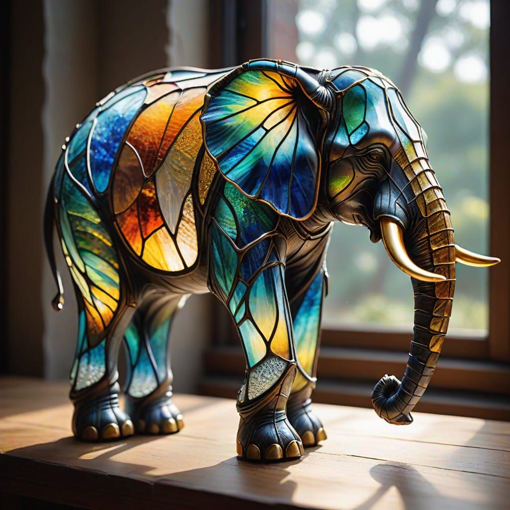 Surreal Stained Glass Masterpiece: An Elephant in Ethereal S...