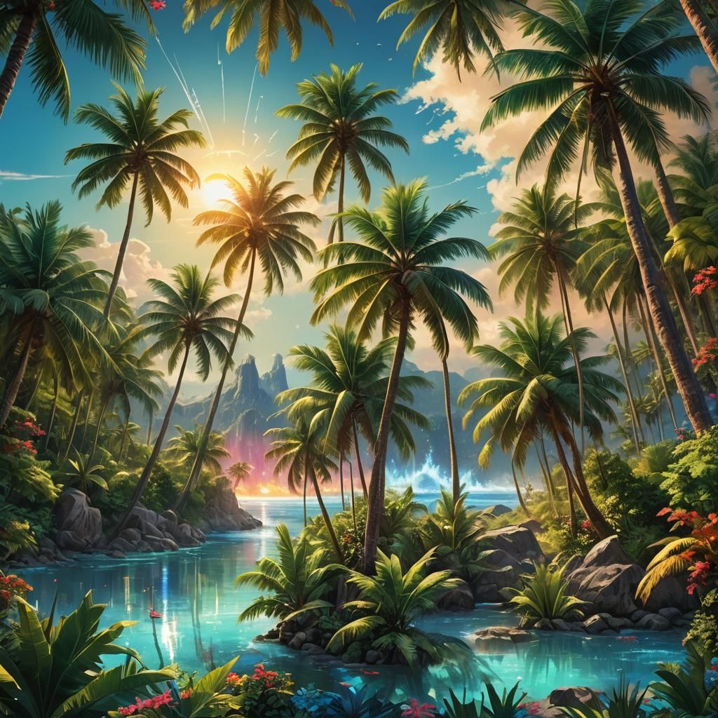 An  tropical paradise bursting with vivid luminescent colors...