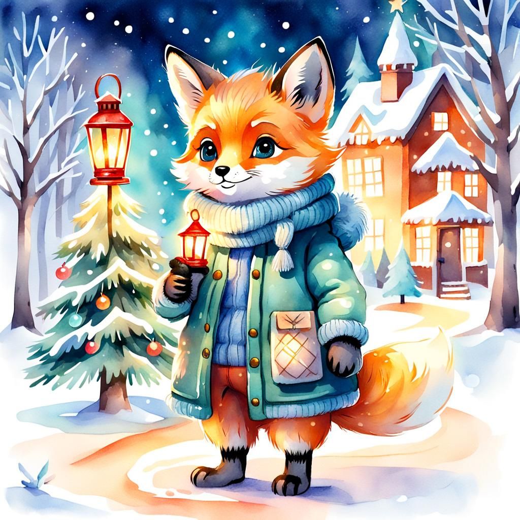 Watercolor Illustration of Fox in Winter Wonderland
